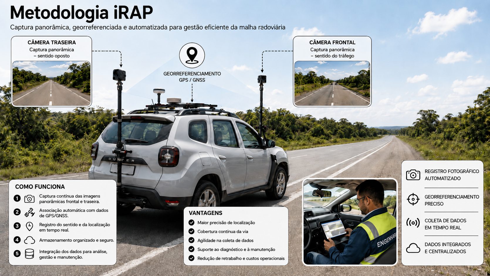 Metodologia iRAP — veículo de levantamento com câmeras panorâmicas e georreferenciamento GPS/GNSS